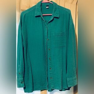 Old Navy Crinkle Gauze Loose Button Up Shirt -TEAL Sz Large-NEVER WORN